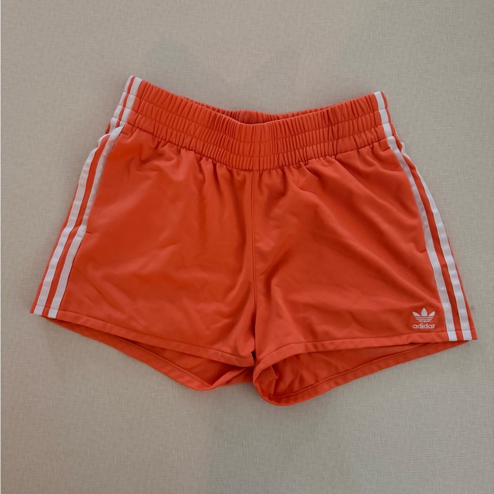 adidas Orange Athletic Shorts with White Stripes
